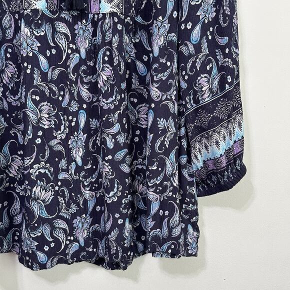 Garnet Hill Boho Border Print Blouse 6 Blue Paisley Floral Peasant Crinkle Shirt - Picture 2 of 9